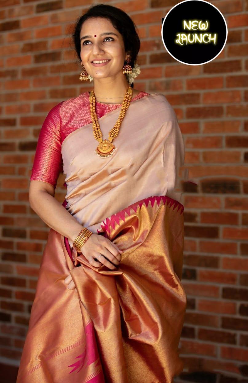 Splendorous Beige Soft Silk Saree With Snazzy Blouse Piece - Colorful Saree