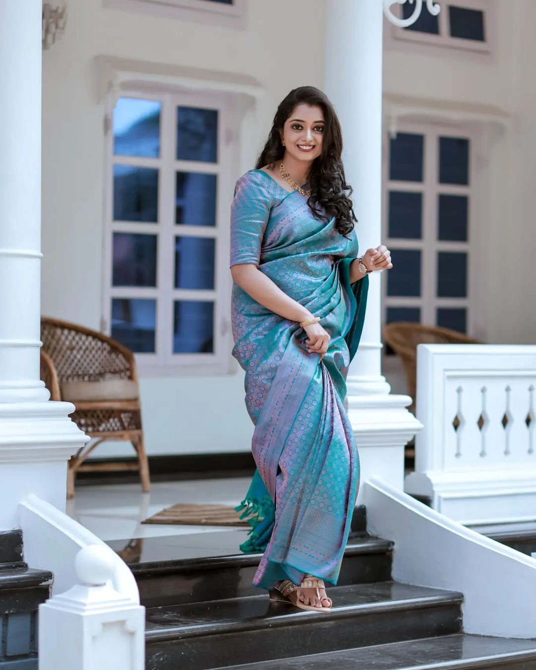 Effervescent Firozi Soft Silk Saree With Efflorescence Blouse Piece - Colorful Saree