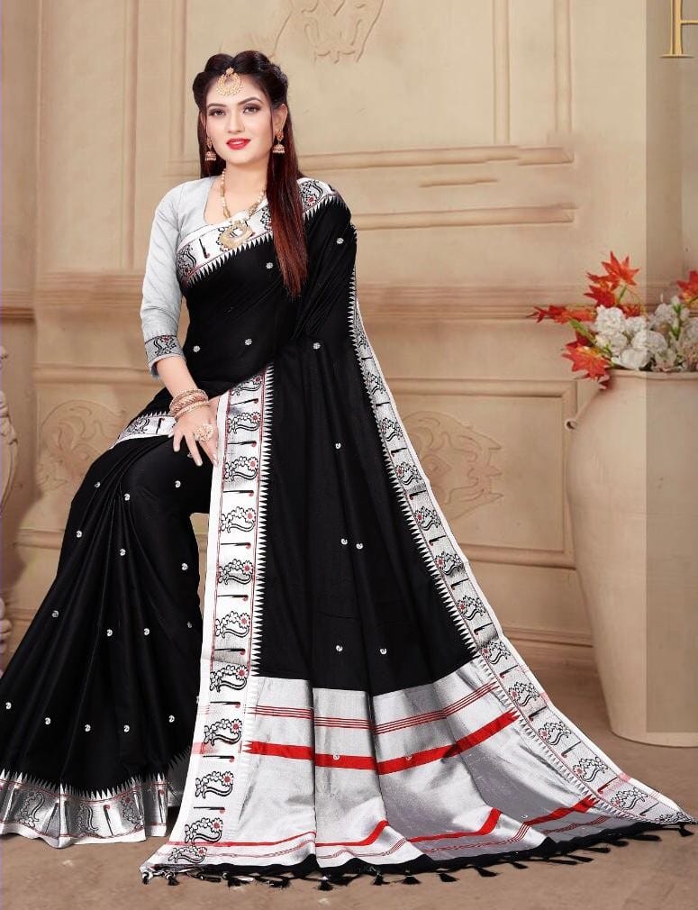 Super Black Paithani Silk Saree With Flattering Blouse Piece - Colorful Saree