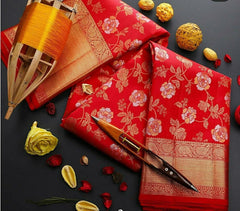 Tremendous Red Soft Banarasi Silk Saree With Stunner Blouse Piece - Colorful Saree