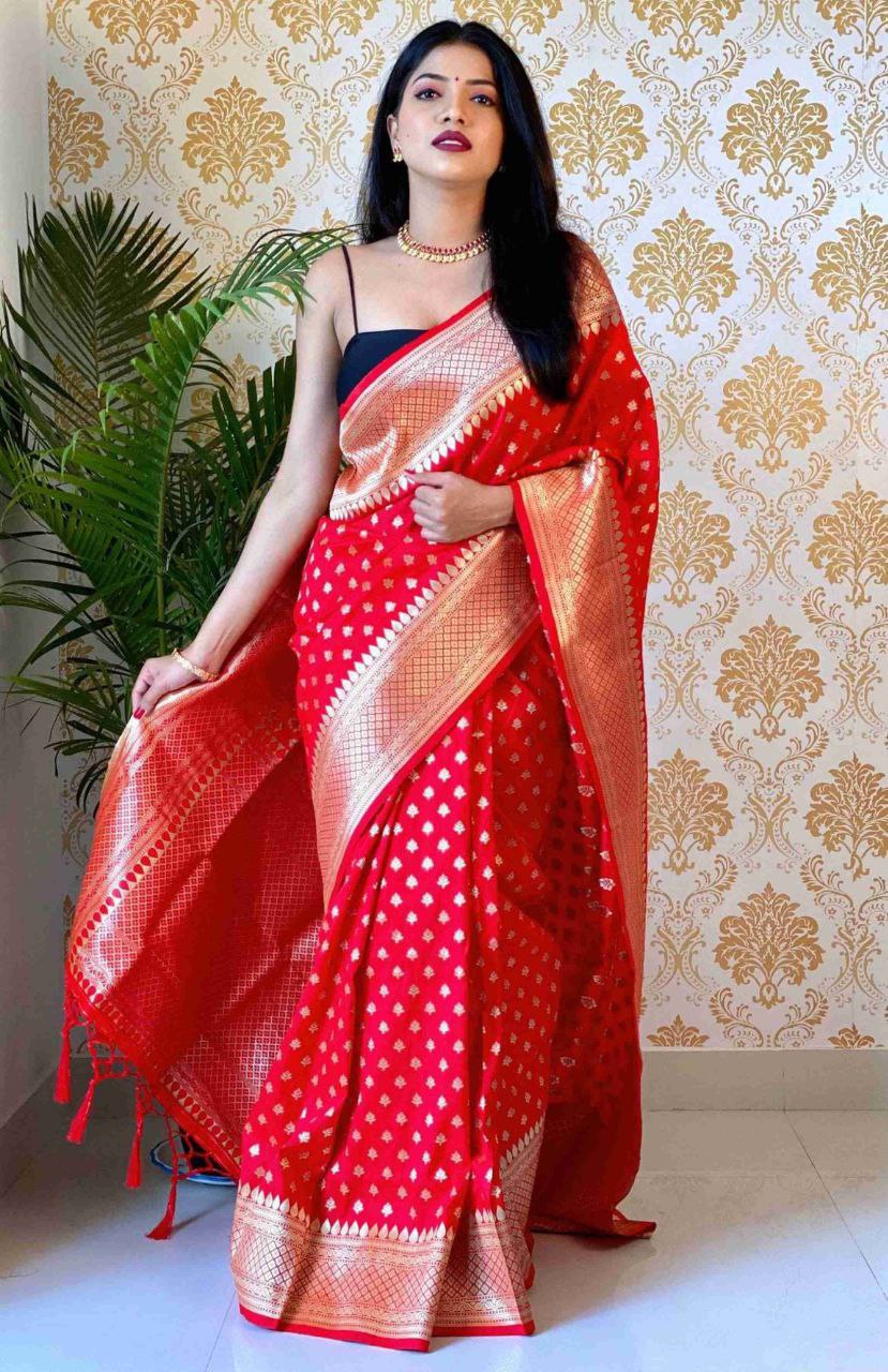 Confounding Red Soft Banarasi Silk Saree With Glowing Blouse Piece - Colorful Saree