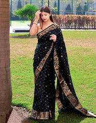 Dissemble Black Soft Banarasi Silk Saree With Lagniappe Blouse Piece - Colorful Saree