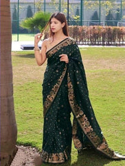 Embrocation Dark Green Soft Banarasi Silk Saree With Elision Blouse Piece - Colorful Saree