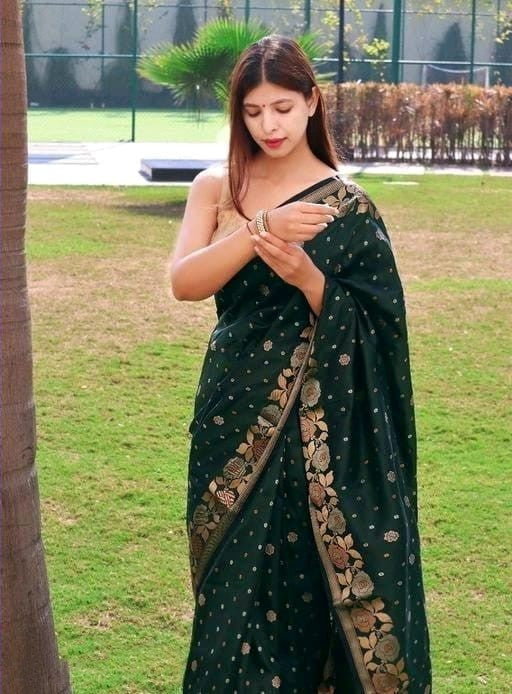 Embrocation Dark Green Soft Banarasi Silk Saree With Elision Blouse Piece - Colorful Saree
