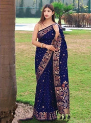 Petrichor Navy Blue Soft Banarasi Silk Saree With Super extravagant Blouse Piece - Colorful Saree