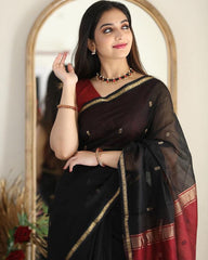 Artistic Black Cotton Silk Saree With Marvellous Blouse Piece - Colorful Saree