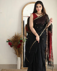 Artistic Black Cotton Silk Saree With Marvellous Blouse Piece - Colorful Saree