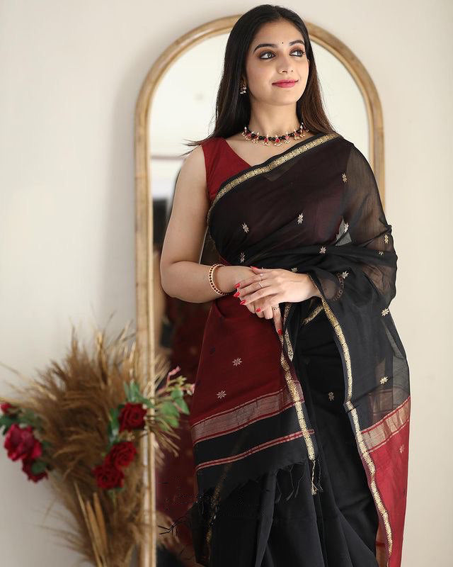 Artistic Black Cotton Silk Saree With Marvellous Blouse Piece - Colorful Saree