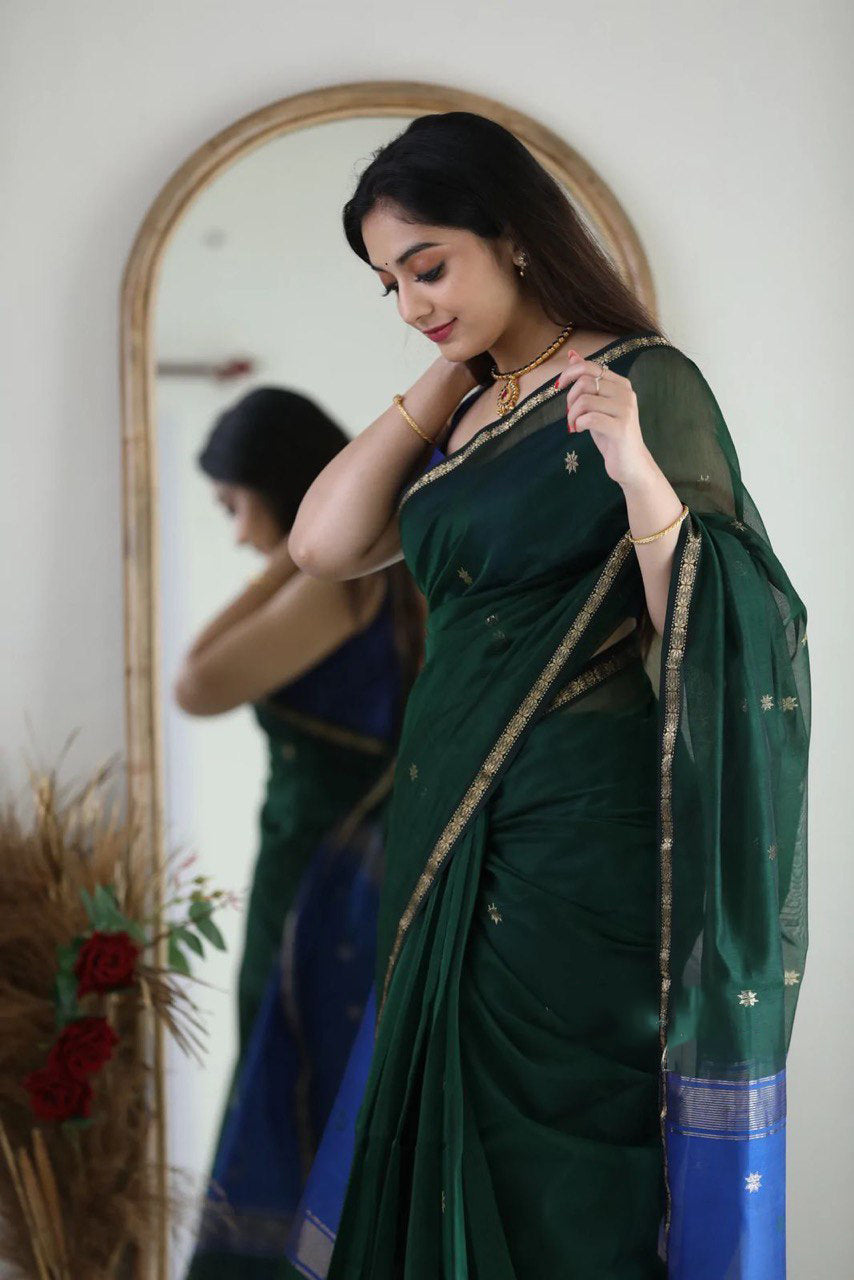 Fragrant Green Cotton Silk Saree With Classy Blouse Piece - Colorful Saree