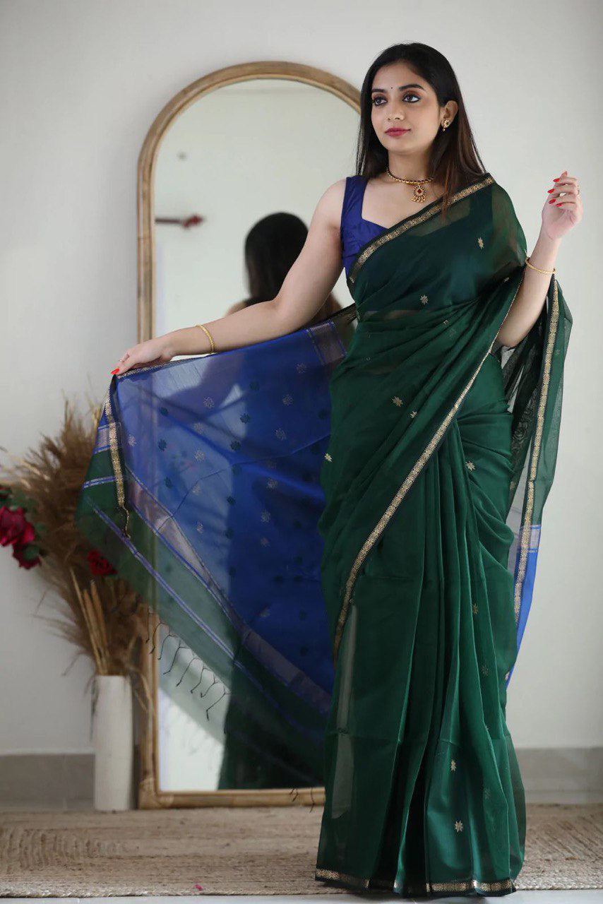 Fragrant Green Cotton Silk Saree With Classy Blouse Piece - Colorful Saree