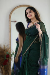 Fragrant Green Cotton Silk Saree With Classy Blouse Piece - Colorful Saree