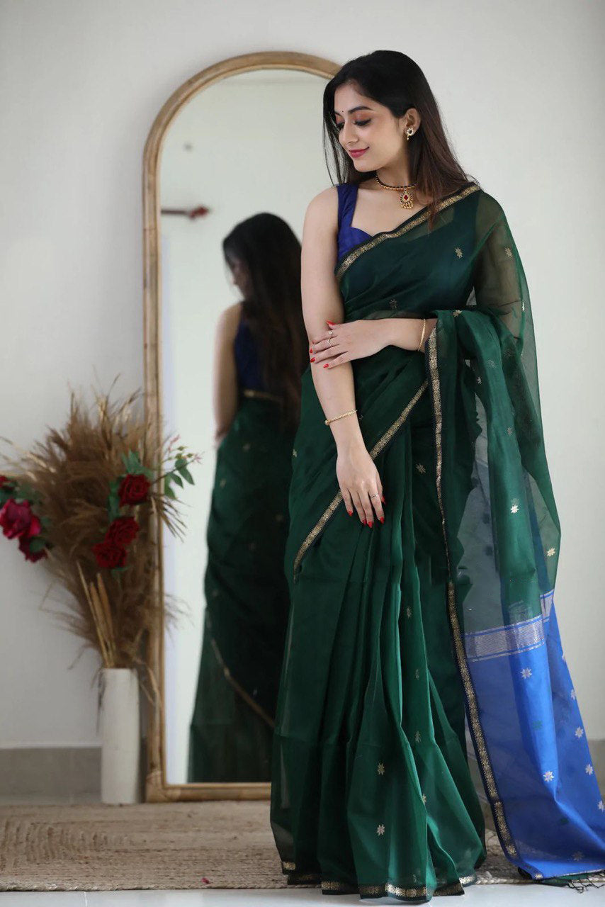 Fragrant Green Cotton Silk Saree With Classy Blouse Piece - Colorful Saree