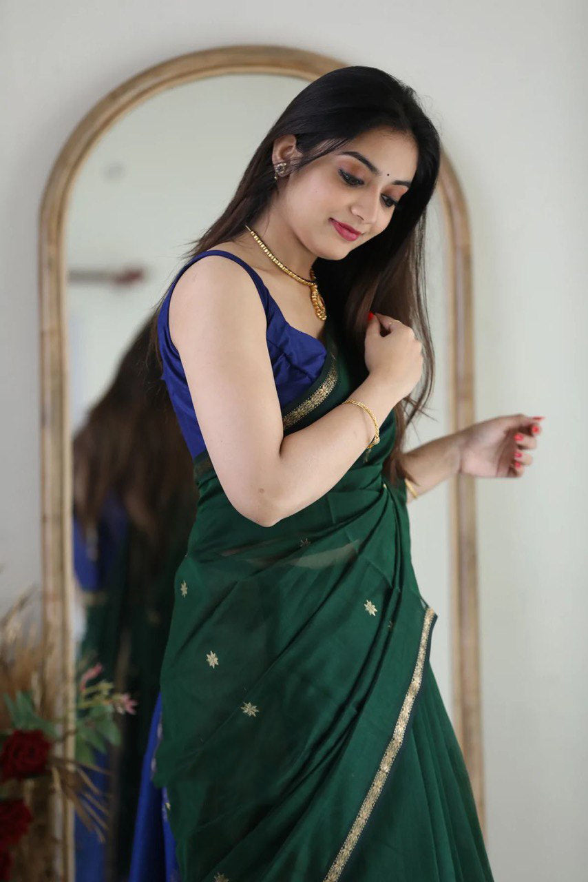 Fragrant Green Cotton Silk Saree With Classy Blouse Piece - Colorful Saree