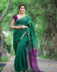 Gratifying Green Cotton Silk Saree With Flaunt Blouse Piece - Colorful Saree