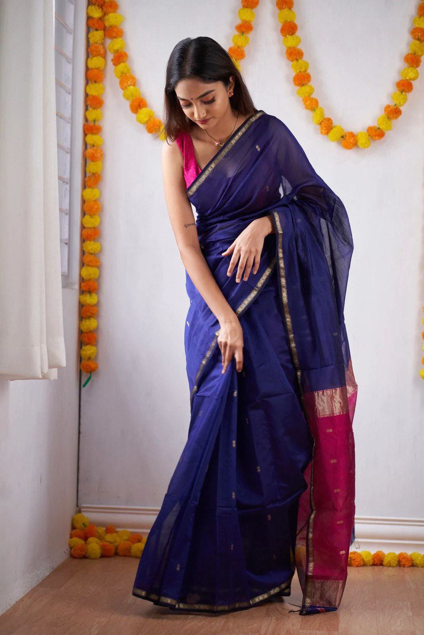 Woebegone Navy Blue Cotton Silk Saree With Mesmerising Blouse Piece - Colorful Saree