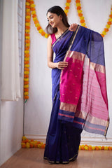 Woebegone Navy Blue Cotton Silk Saree With Mesmerising Blouse Piece - Colorful Saree