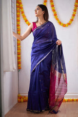 Woebegone Navy Blue Cotton Silk Saree With Mesmerising Blouse Piece - Colorful Saree