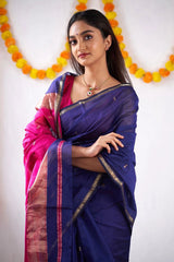 Woebegone Navy Blue Cotton Silk Saree With Mesmerising Blouse Piece - Colorful Saree