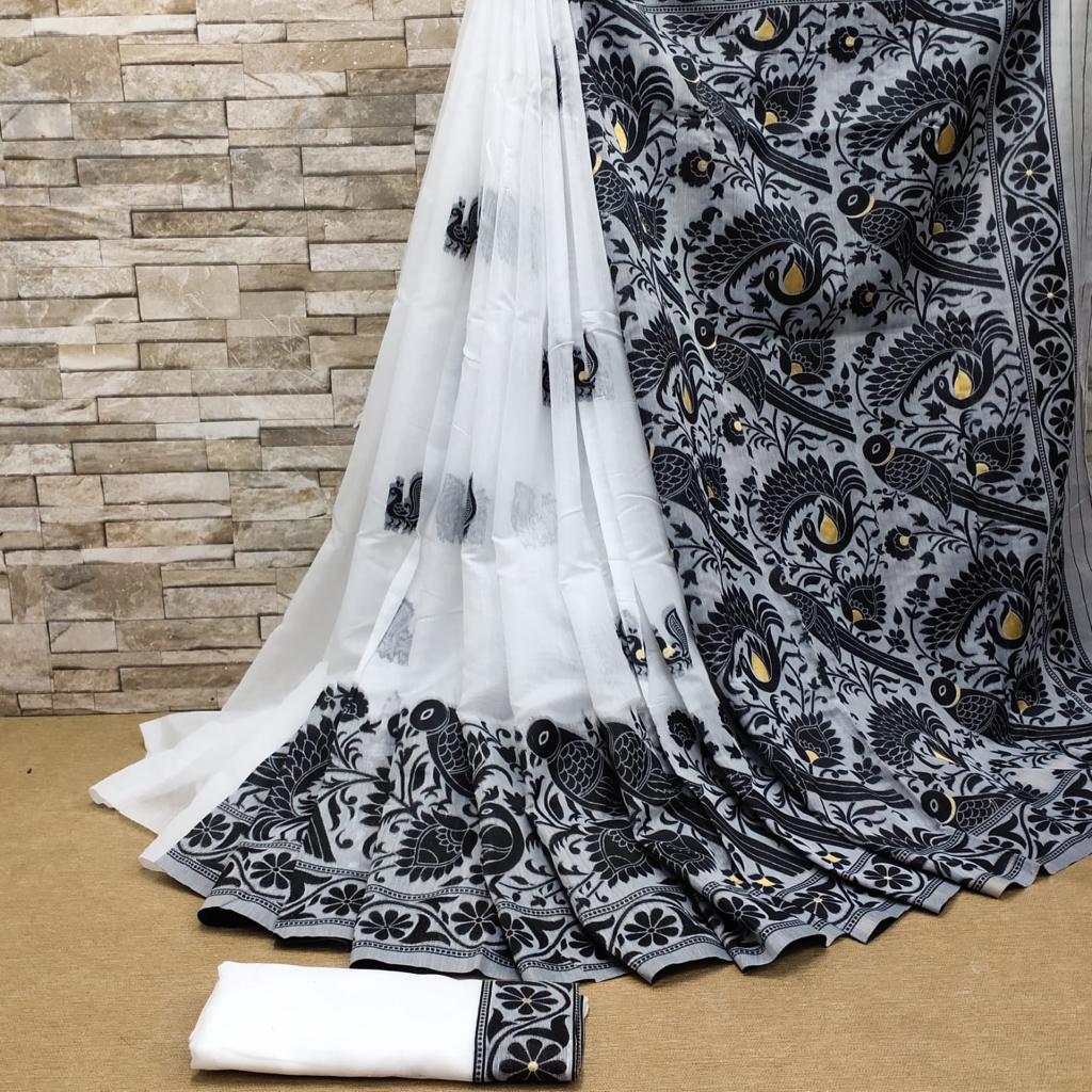 Surreptitious White Cotton Silk Saree With Vestigial Blouse Piece - Colorful Saree