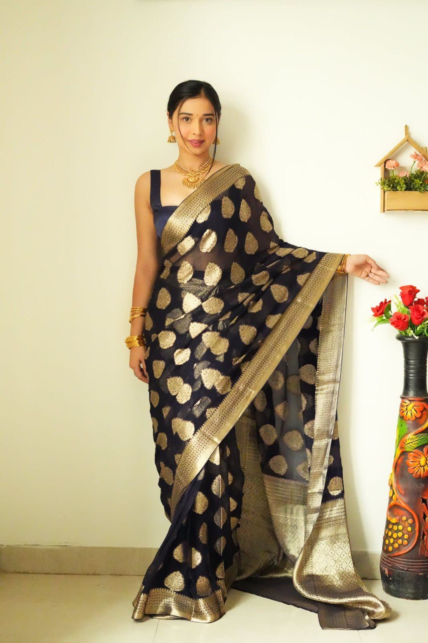 Gossamer 1-Minute Ready To Wear Black Soft Silk Saree - Colorful Saree