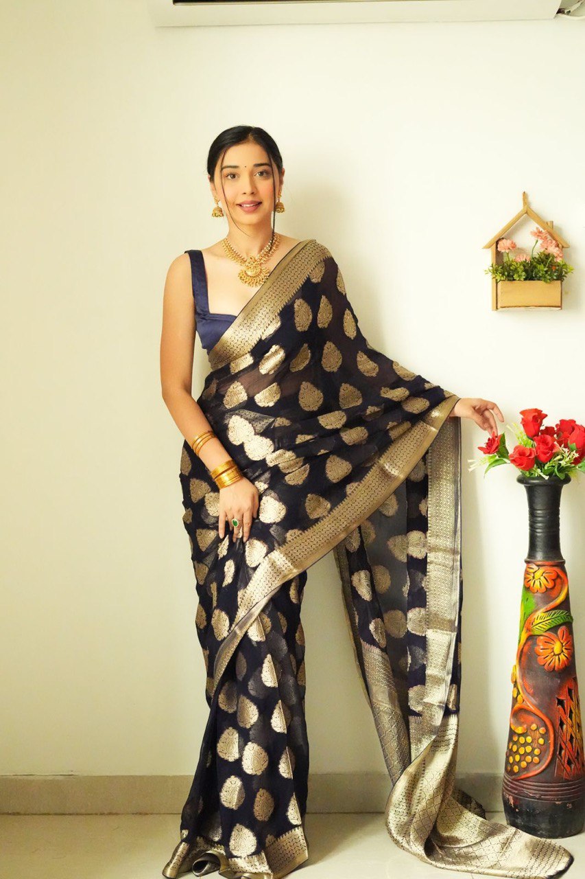 Gossamer 1-Minute Ready To Wear Black Soft Silk Saree - Colorful Saree