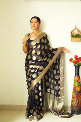 Gossamer 1-Minute Ready To Wear Black Soft Silk Saree - Colorful Saree