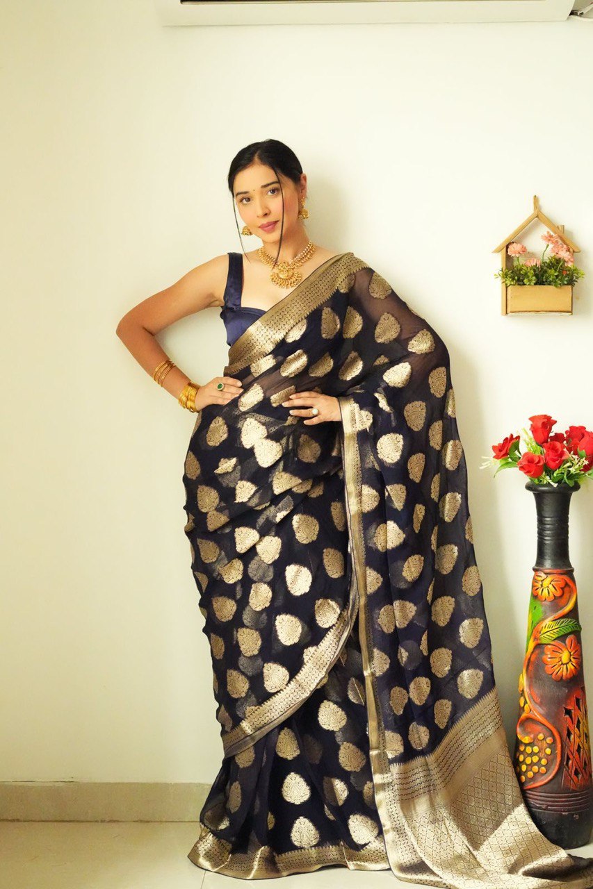 Gossamer 1-Minute Ready To Wear Black Soft Silk Saree - Colorful Saree