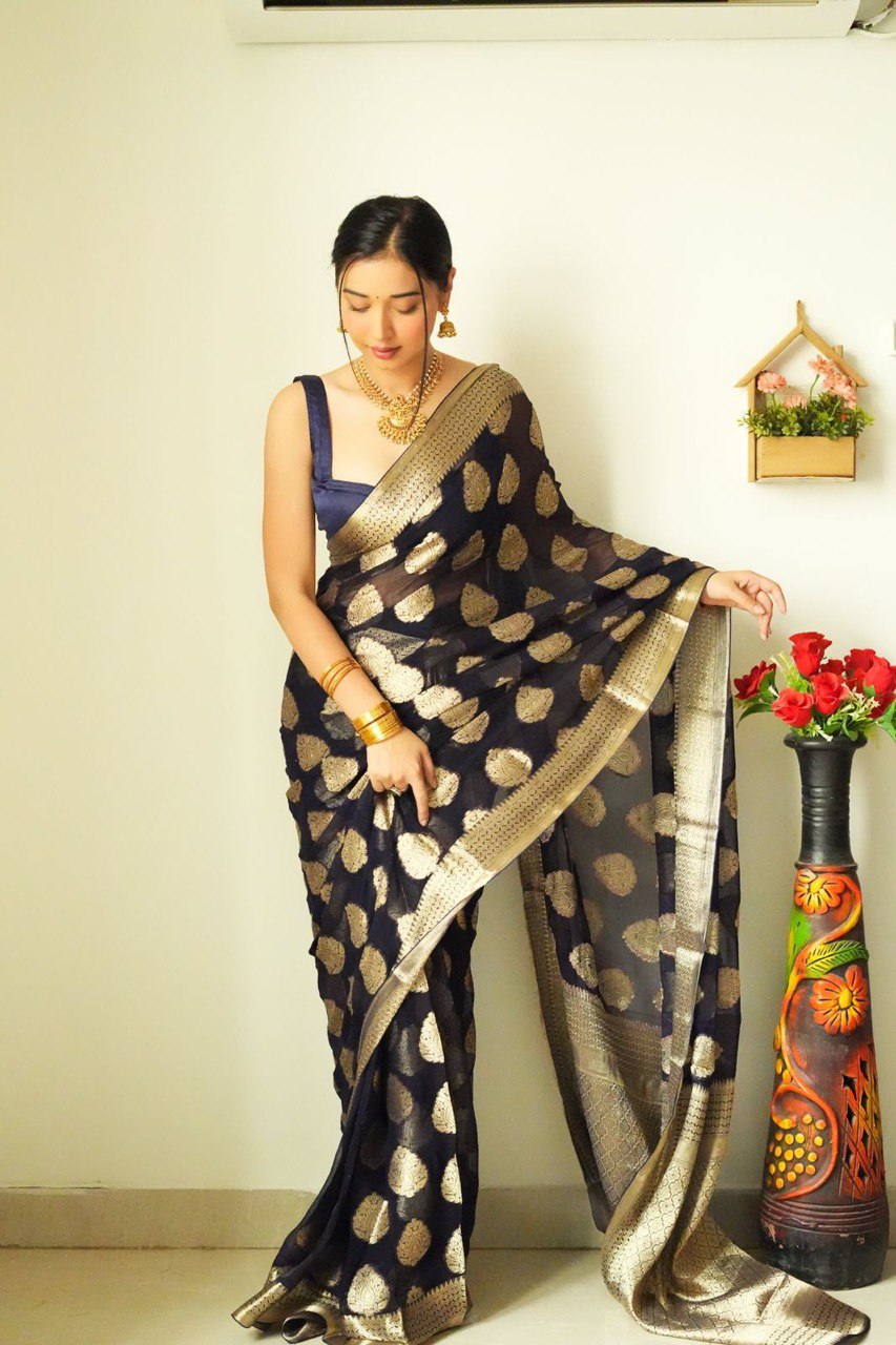 Gossamer 1-Minute Ready To Wear Black Soft Silk Saree - Colorful Saree