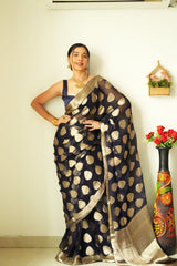 Gossamer 1-Minute Ready To Wear Black Soft Silk Saree - Colorful Saree