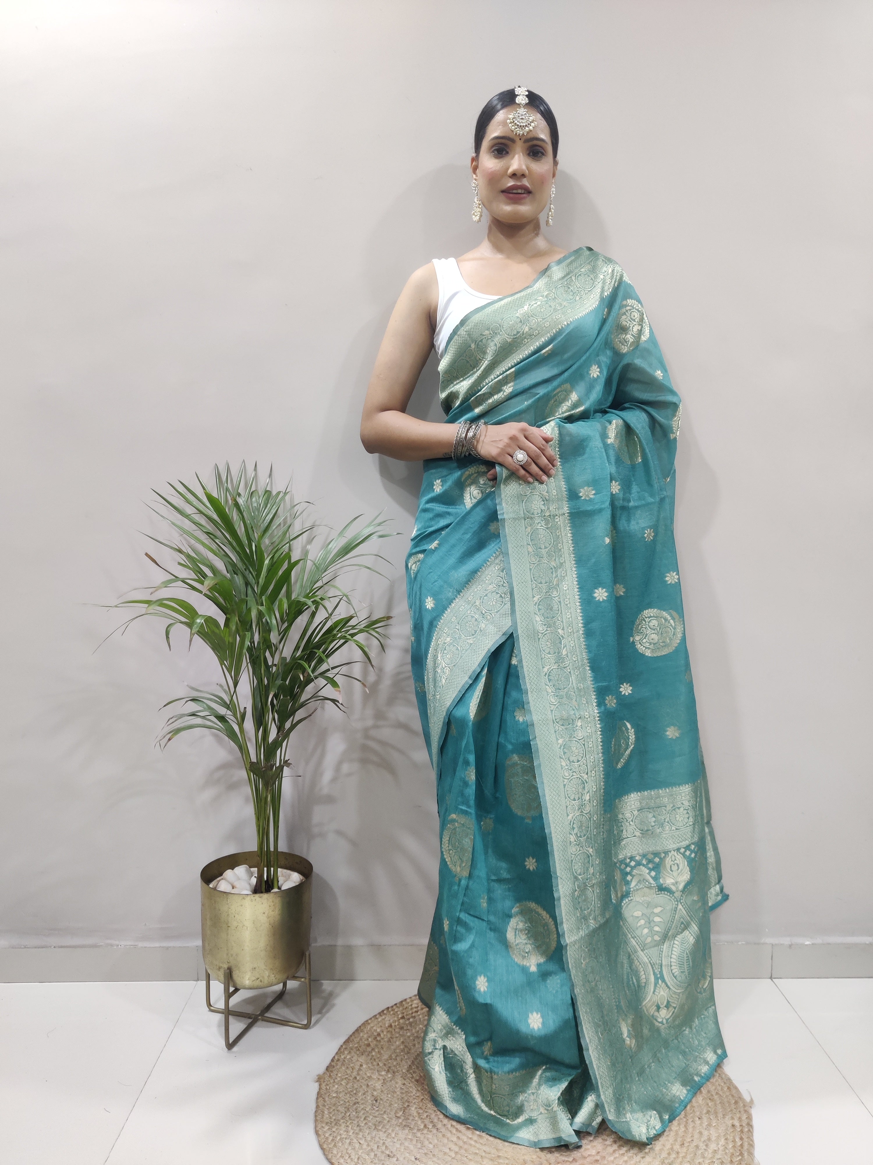 Dalliance 1-Minute Ready To Wear Sea Green Cotton Silk Saree - Colorful Saree