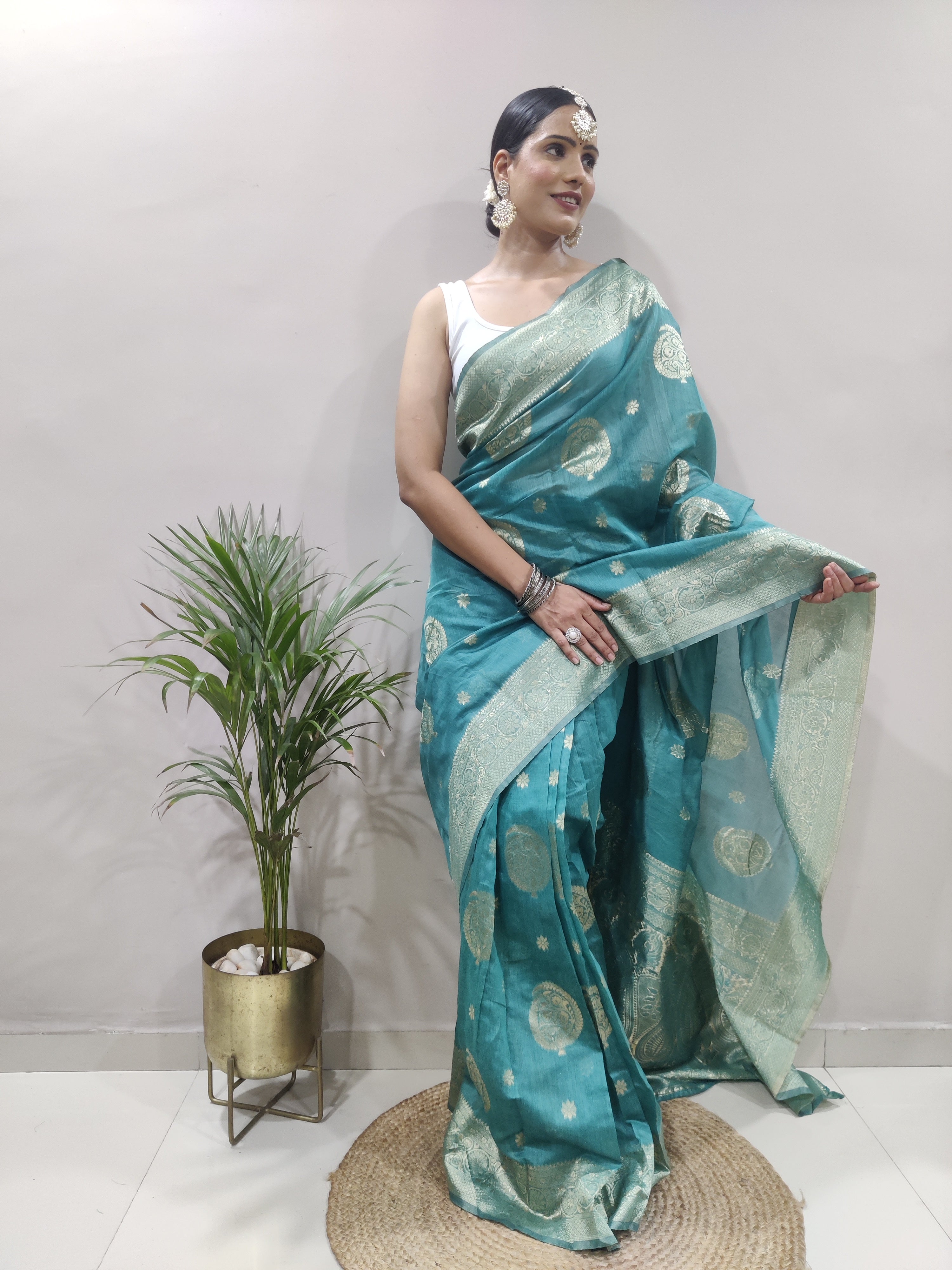 Dalliance 1-Minute Ready To Wear Sea Green Cotton Silk Saree - Colorful Saree