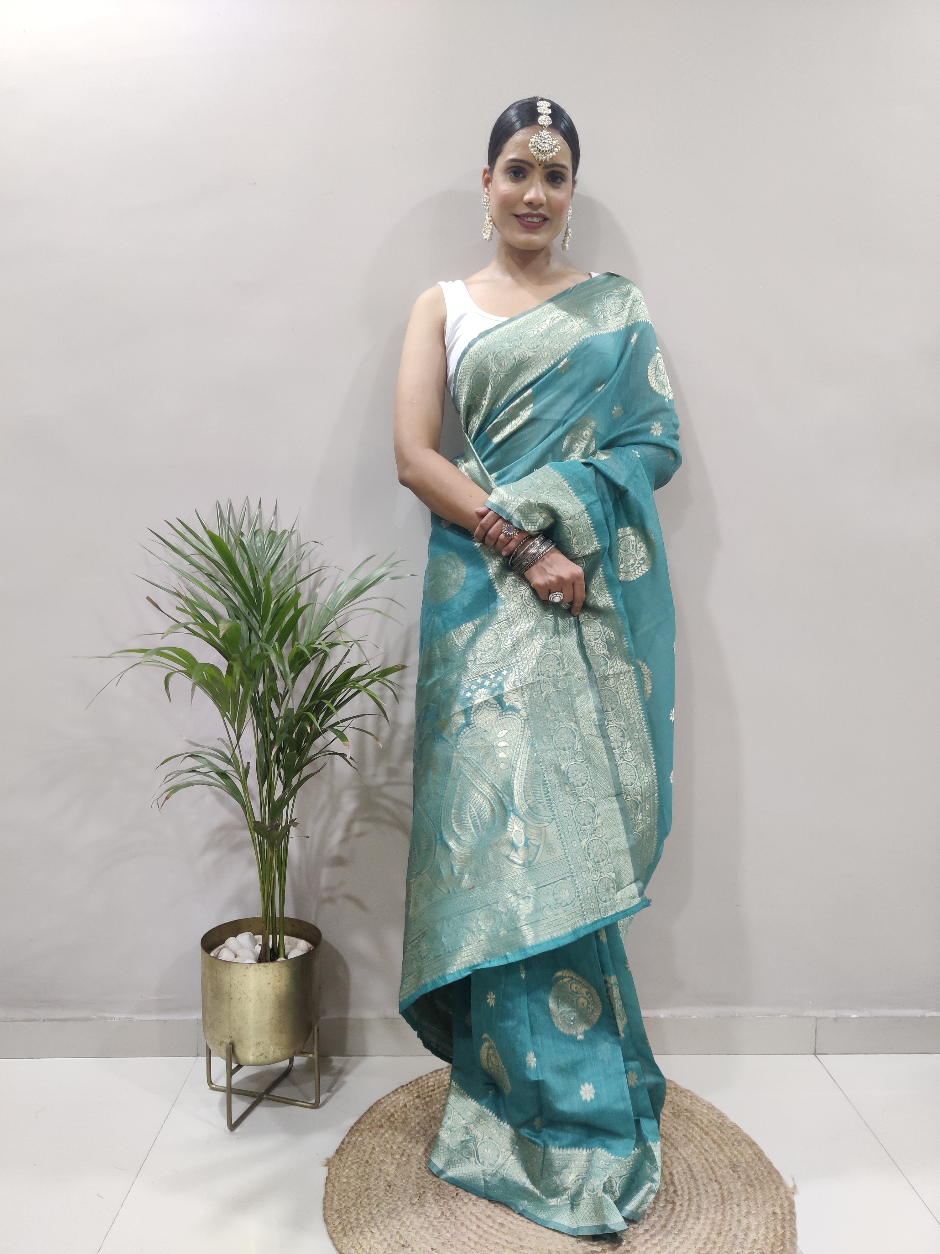 Dalliance 1-Minute Ready To Wear Sea Green Cotton Silk Saree - Colorful Saree