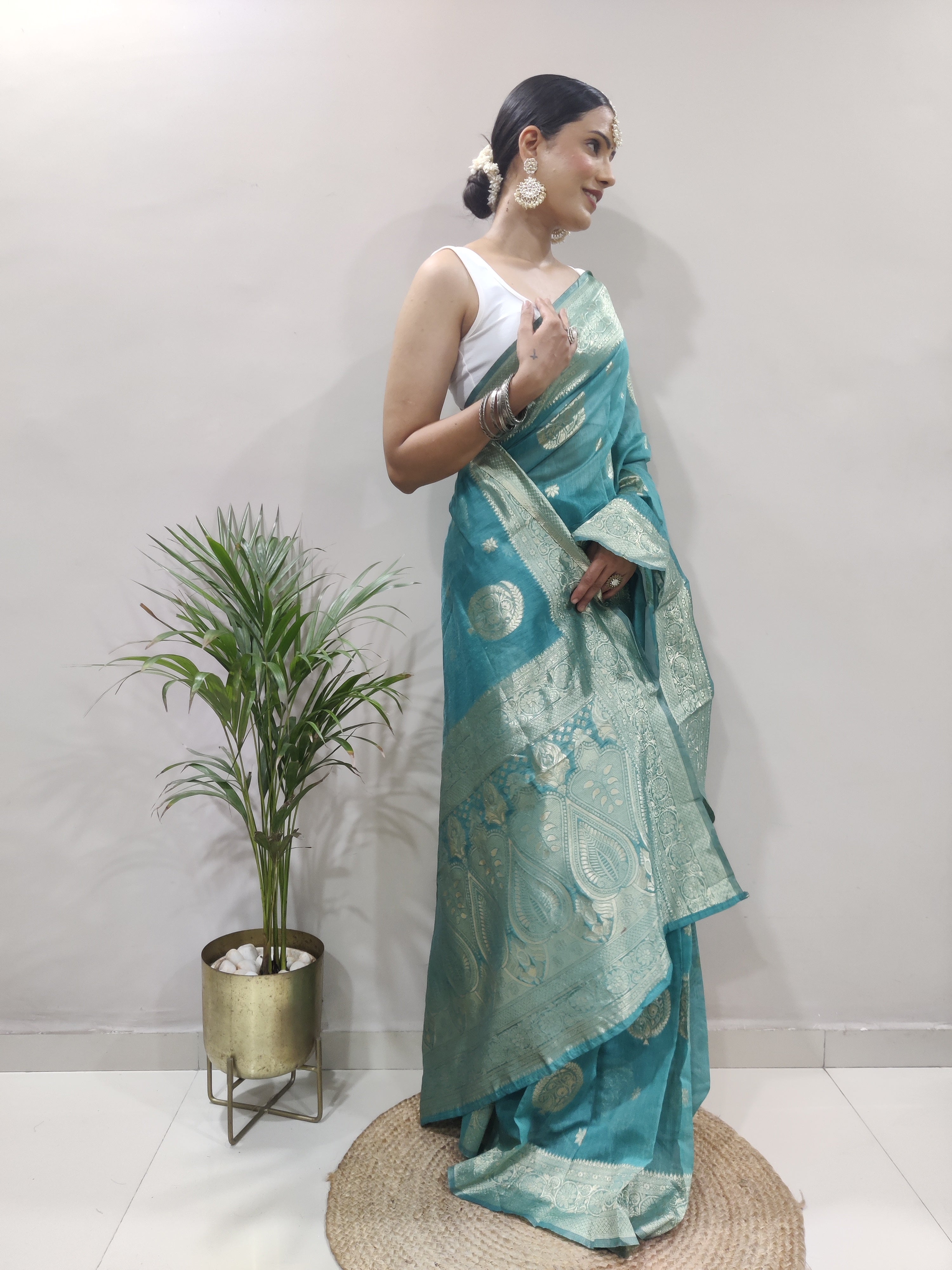 Dalliance 1-Minute Ready To Wear Sea Green Cotton Silk Saree - Colorful Saree