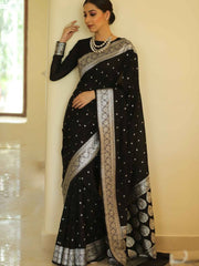 Fugacious Black Cotton Silk Saree With Sizzling Blouse Piece - Colorful Saree