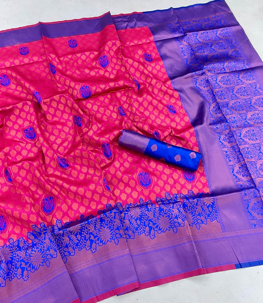 Ephemeral Dark Pink Soft Banarasi Silk Saree With Fairytale Blouse Piece - Colorful Saree