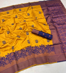 Gossamer Mustard Soft Banarasi Silk Saree With Blissful Blouse Piece - Colorful Saree