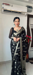 Evanescent 1-Minute Ready To Wear Black Cotton Silk Saree - Colorful Saree