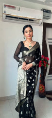 Evanescent 1-Minute Ready To Wear Black Cotton Silk Saree - Colorful Saree