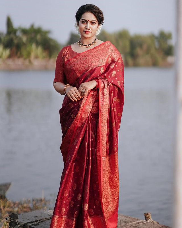 Majesty Red Soft Silk Saree With Elision Blouse Piece - Colorful Saree