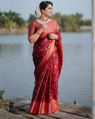 Majesty Red Soft Silk Saree With Elision Blouse Piece - Colorful Saree