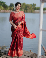 Majesty Red Soft Silk Saree With Elision Blouse Piece - Colorful Saree