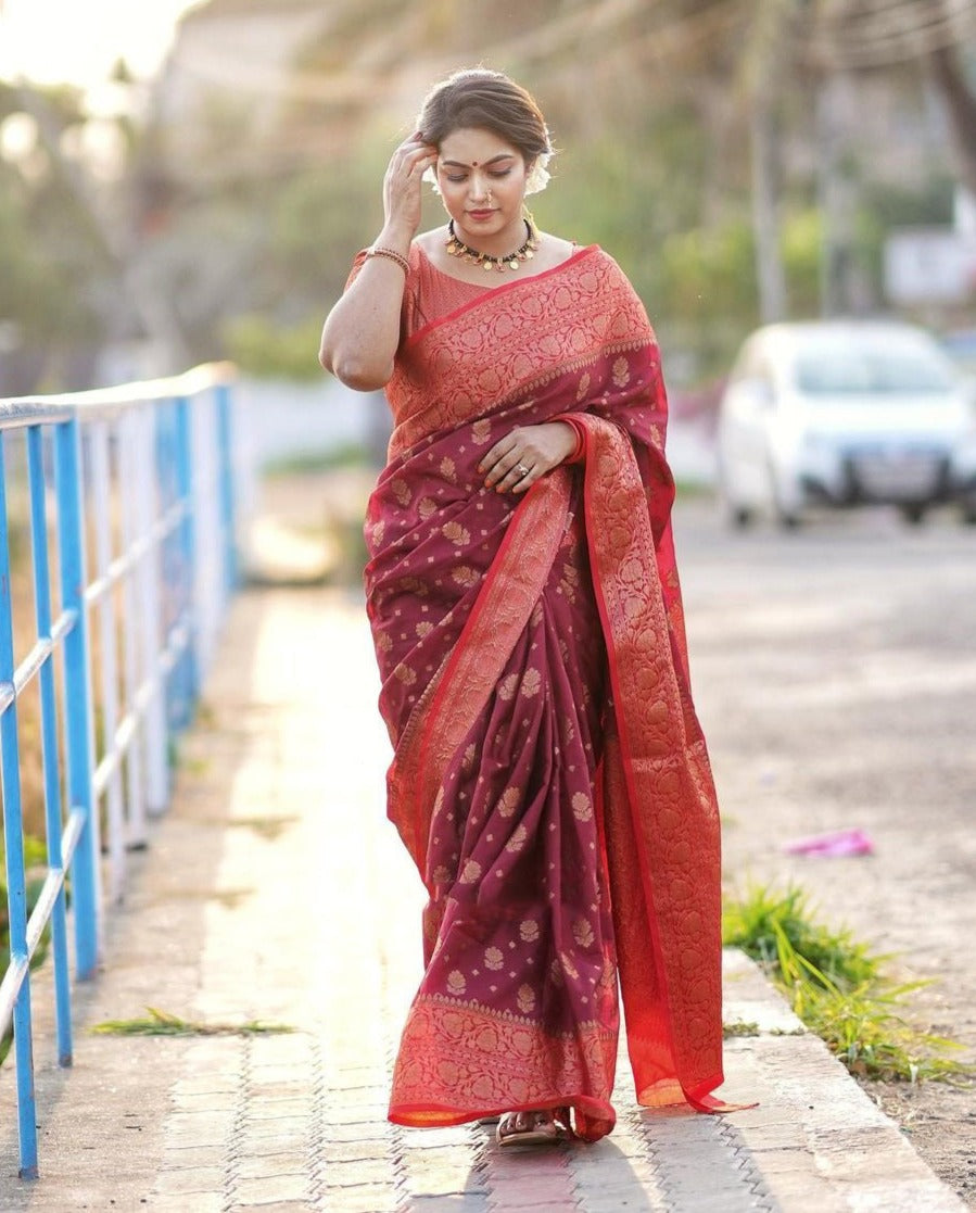 Majesty Red Soft Silk Saree With Elision Blouse Piece - Colorful Saree