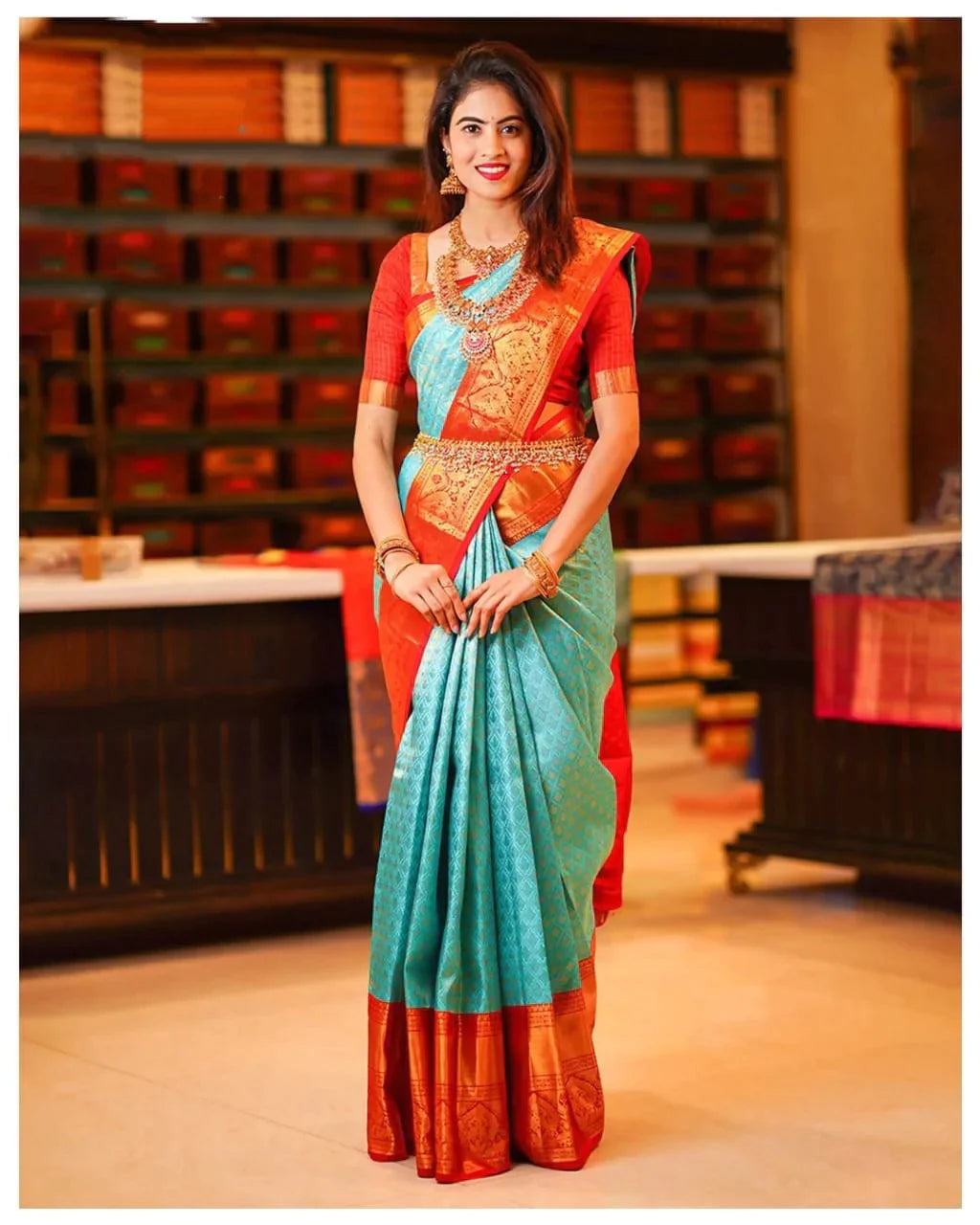 Groovy Turquoise Soft Silk Saree with Propinquity Blouse Piece - Colorful Saree