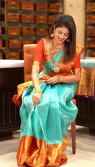 Groovy Turquoise Soft Silk Saree with Propinquity Blouse Piece - Colorful Saree