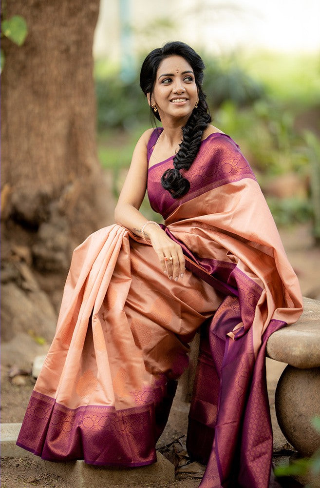 Adorning Peach Soft Silk Saree With Impressive Blouse Piece - Colorful Saree