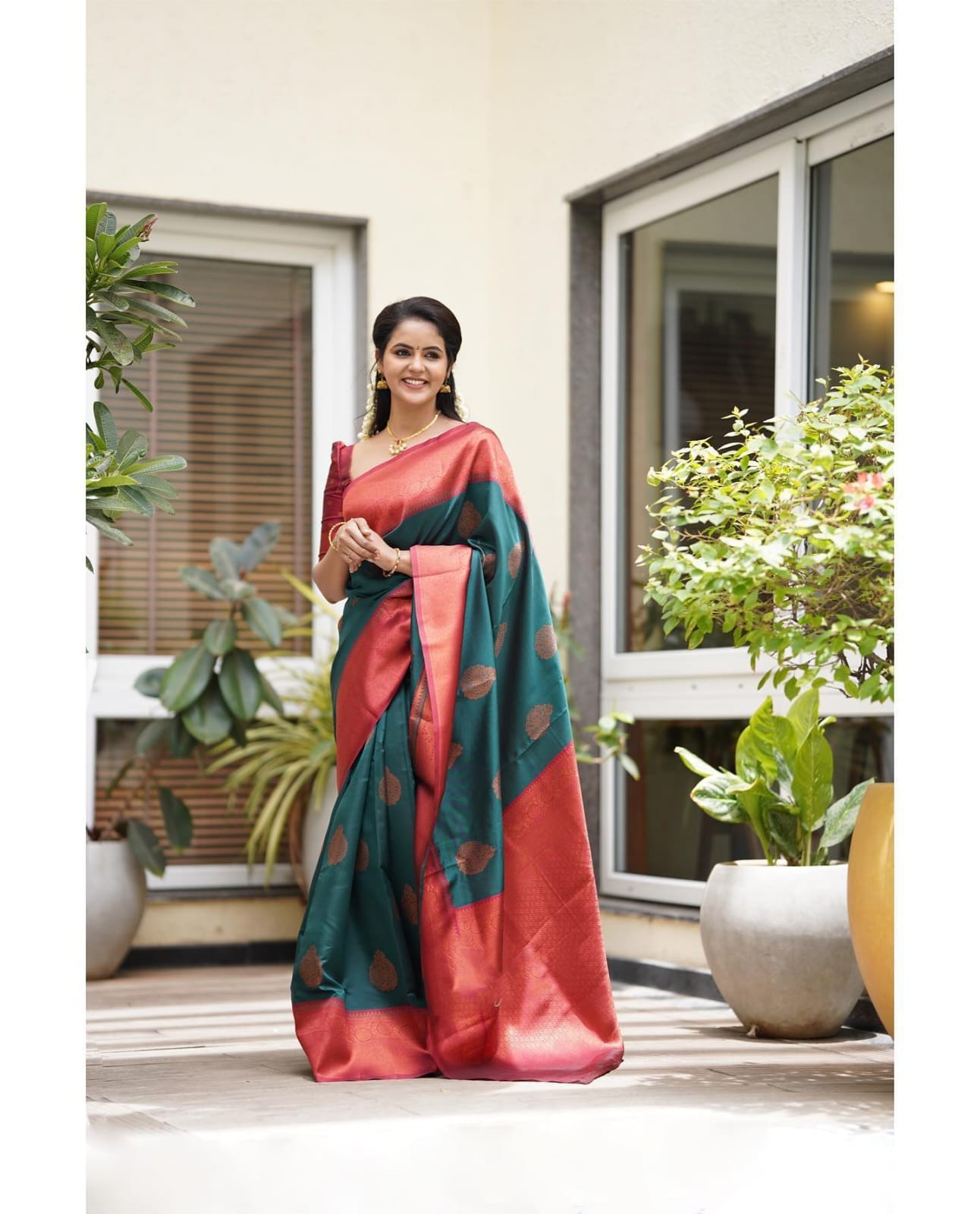 Imbrication Rama Soft Silk Saree With Artistic Blouse Piece - Colorful Saree