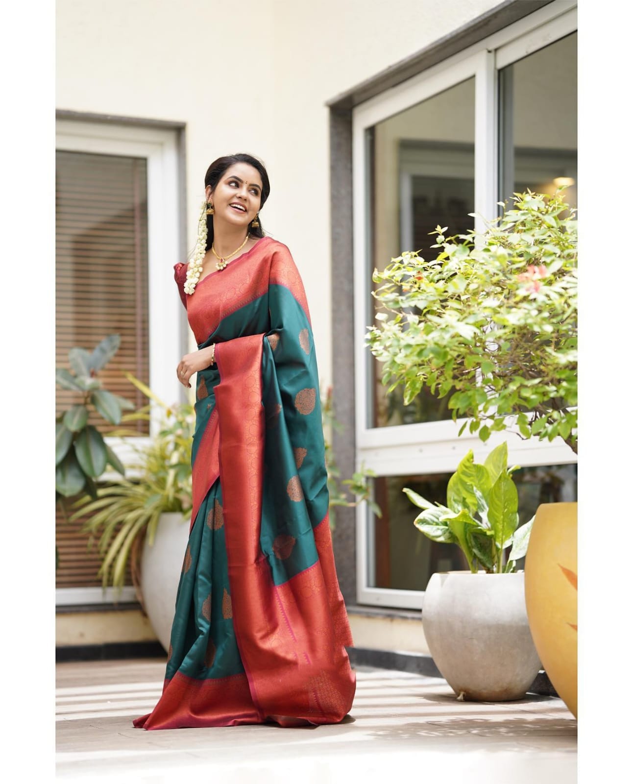 Imbrication Rama Soft Silk Saree With Artistic Blouse Piece - Colorful Saree