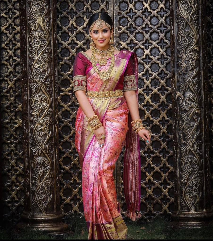 Efflorescence Pink Soft Banarasi Silk Saree With Nemesis Blouse Piece - Colorful Saree