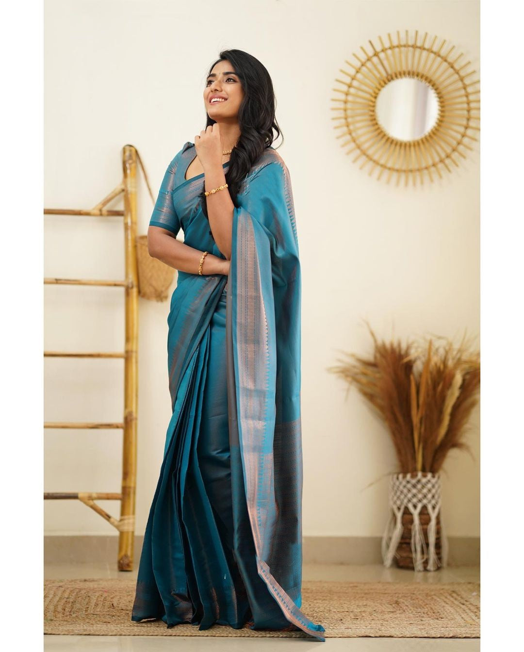 Luxuriant Firozi Soft Silk Saree With Elaborate Blouse Piece - Colorful Saree