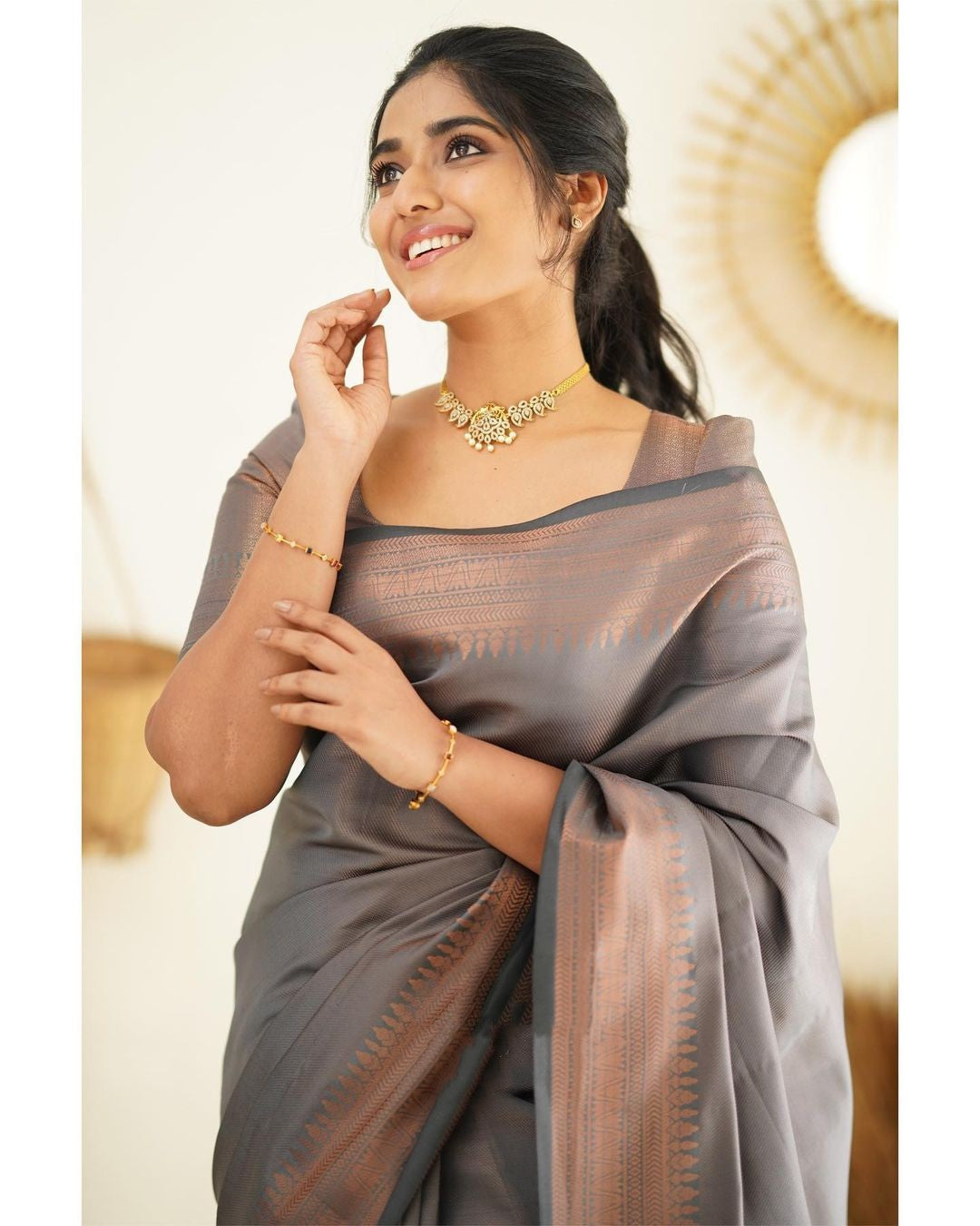 Magnetic Grey Soft Silk Saree With Palimpsest Blouse Piece - Colorful Saree